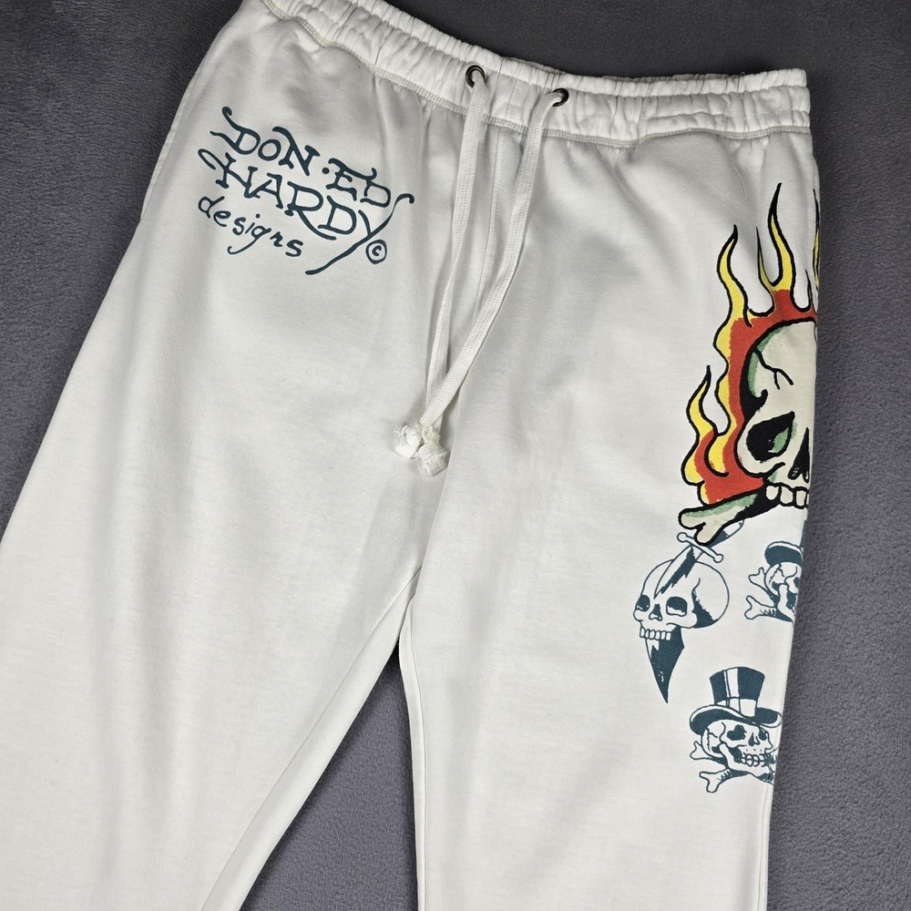 Ed‎ Hardy Sweatpants Mens Medium White Skull Flame Tattoo Fleece Graphic Print